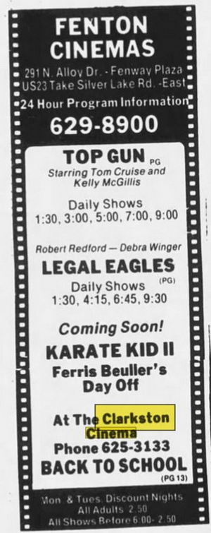 July 1986 ad Clarkston Cinema, Clarkston